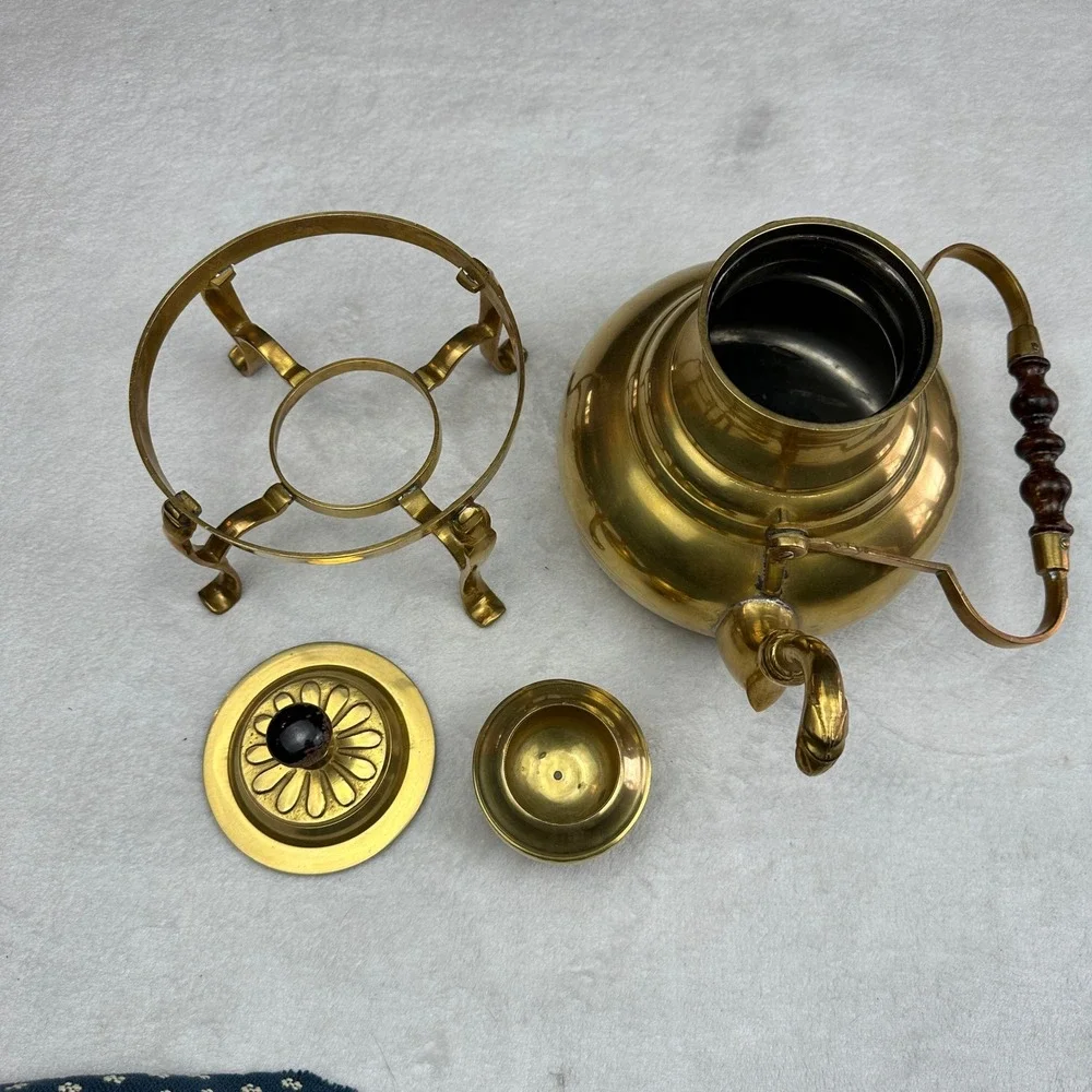 Vintage 70s Brass Teapot with Wooden Handle and‎ Stand Decorative Kettle